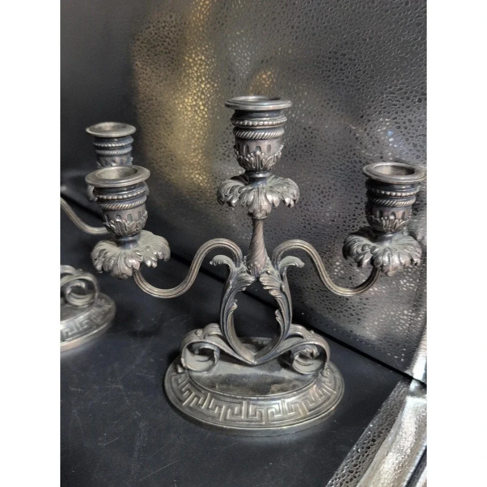 Pairpoint Baroque Rococo Silvered Bronze Trio Ornate Candleabras Candlesticks